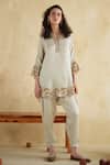 Buy_172 Threads_Ivory Muslin, Cotton Embroidery V-neck Caramel Designer Co-ord Set _at_Aza_Fashions