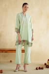 Buy_172 Threads_Green Muslin, Cotton Embroidery V-neck Sage Co-ord Set _at_Aza_Fashions