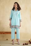 Shop_172 Threads_Blue Muslin, Cotton Embroidery V-neck Breeze Co-ord Set _at_Aza_Fashions