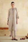 172 Threads_Off White Muslin, Cotton Beads Mandarin Collar Ecru Panel Co-ord Set _Online_at_Aza_Fashions