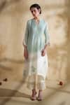 172 Threads_Blue Muslin, Cotton Embroidery Split V-neck Meadow Mist Set _Online_at_Aza_Fashions