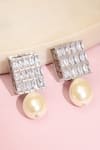 Shop_Ruby Raang_White Rhinestones, Pearls Designer Loop Earrings With Drop _at_Aza_Fashions
