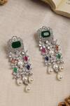 Shop_Ruby Raang_Multi Color Gemstones, Pearls Long Stone Earrings With Drops _at_Aza_Fashions