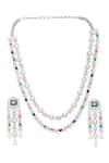 Ruby Raang_Multi Color Gemstones, Pearls Stone Double Layered Necklace And Earrings _at_Aza_Fashions