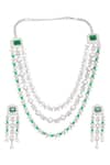 Buy_Ruby Raang_Green Gemstones, Pearls Emerald Layered Necklace And Earring Set 