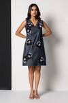 Shop_That Thing You Love_Blue Lycra, Cotton, Denim Embroidery V-neck Belle Fleur Dress _at_Aza_Fashions