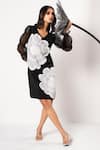 That Thing You Love_Black Neoprene, Organza Sequins, Embroidery V-neck Dual Flower Cutdana Dress _Online_at_Aza_Fashions