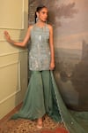 Buy_Jigya Japra_Green Chanderi Sequins, Embroidery, Mirrors Round Neck Sage Kurta Sharara Set _at_Aza_Fashions