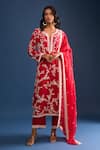 Buy_Anushree Reddy_Red Embroidery Split V-neck Pearl Work Kurta Set _at_Aza_Fashions