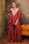 Buy_Jigya Japra_Coral Chanderi Mirrors, Embroidery Mandarin Collar Sharara Set _at_Aza_Fashions