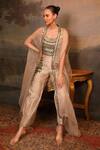 Buy_Jigya Japra_Beige , Silk, Silk, Organza Mirrors Round Neck Cape Set _at_Aza_Fashions