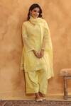 Anshu Wadhwa_Yellow , Silk Embroidery V-neck Designer Lemon Kurta Set _at_Aza_Fashions