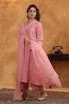 Buy_Anshu Wadhwa_Pink Chanderi, Organza Embroidery V-neck Kurta And Dupatta Set _Online_at_Aza_Fashions