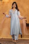 Buy_Anshu Wadhwa_Aqua Chanderi Silk, Cotton, Organza Embroidery V-neck Blue Kurta Set _at_Aza_Fashions