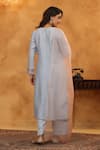 Shop_Anshu Wadhwa_Aqua Chanderi Silk, Cotton, Organza Embroidery V-neck Blue Kurta Set _at_Aza_Fashions