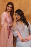 Anshu Wadhwa_Aqua Chanderi Silk, Cotton, Organza Embroidery V-neck Blue Kurta Set _Online_at_Aza_Fashions