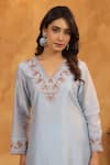Buy_Anshu Wadhwa_Aqua Chanderi Silk, Cotton, Organza Embroidery V-neck Blue Kurta Set _Online_at_Aza_Fashions