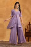 Anshu Wadhwa_Mauve Chanderi, Muslin, Organza Embroidery Split V-neck Kurta Set With Dupatta _Online_at_Aza_Fashions