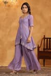Shop_Anshu Wadhwa_Mauve Chanderi, Muslin, Organza Embroidery Split V-neck Kurta Set With Dupatta _Online_at_Aza_Fashions