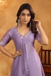 Anshu Wadhwa_Mauve Chanderi, Muslin, Organza Embroidery Split V-neck Kurta Set With Dupatta _at_Aza_Fashions