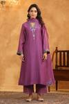 Buy_Anshu Wadhwa_Purple Chanderi, Cotton Embroidery V-neck Dark Kurta Set _at_Aza_Fashions