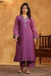 Shop_Anshu Wadhwa_Purple Chanderi, Cotton Embroidery V-neck Dark Kurta Set _at_Aza_Fashions