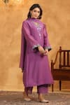 Anshu Wadhwa_Purple Chanderi, Cotton Embroidery V-neck Dark Kurta Set _Online_at_Aza_Fashions