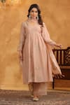 Shop_Anshu Wadhwa_Peach Chanderi, Cotton Embroidery V-neck Kurta Set _Online_at_Aza_Fashions
