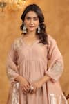 Anshu Wadhwa_Peach Chanderi, Cotton Embroidery V-neck Kurta Set _at_Aza_Fashions