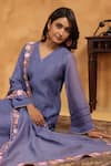 Anshu Wadhwa_Blue Chanderi, Cotton Embroidery V-neck Indigo Moon Kurta Set _at_Aza_Fashions