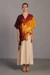 Buy_Clos_Brown Linen V-neck Abstract Print Korean Dress _at_Aza_Fashions