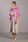 Clos_Pink Linen V-neck Beetroot And Light Grey Designer Dress _Online_at_Aza_Fashions