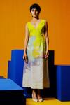 Buy_Clos_Green V-neck Neon Blue And Designer Dress _at_Aza_Fashions