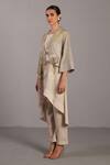 Clos_Linen Shawl , Notched , Round Moss Green Designer Jacket And Pant Set _Online_at_Aza_Fashions