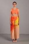 Buy_Clos_Orange Linen Asymmetric Bright And Yellow Bustier Pant Set _at_Aza_Fashions