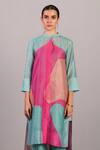 Shop_Clos_Pink Linen, Silk Mandarin Collar Designer And Blue Kurta Set _Online_at_Aza_Fashions