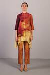 Buy_Clos_Wine Linen, Silk Mandarin Collar Designer And Cream Kurta Pant Set _at_Aza_Fashions
