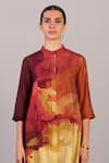 Buy_Clos_Wine Linen, Silk Mandarin Collar Designer And Cream Kurta Pant Set _Online_at_Aza_Fashions