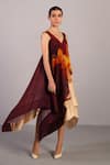 Buy_Clos_Wine Linen, Silk V-neck And Cream Asymmetric Designer Dress _Online_at_Aza_Fashions