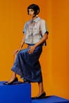 Clos_Blue Linen, Silk Collared Pastel And Green Designer Shirt Skirt Set _Online_at_Aza_Fashions