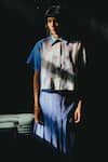 Shop_Clos_Blue Linen, Silk Collared Pastel And Green Designer Shirt Skirt Set _Online_at_Aza_Fashions