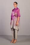 Clos_Gray Linen, Silk Collared Beetroot Printed Kurta And Pant Set _Online_at_Aza_Fashions