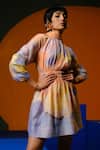 Buy_Clos_Blue Linen, Silk Round Neck Soft And Orange Designer Dress _Online_at_Aza_Fashions