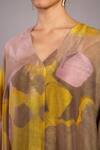Clos_Beige Linen, Silk V-neck Designer Smoky And Yellow Kurta Set _Online_at_Aza_Fashions