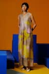 Buy_Clos_Beige Linen, Silk V-neck Designer Jumpsuit _at_Aza_Fashions