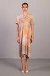 Buy_Clos_Gray Linen, Silk V-neck Soft Grey And Orange Dress _at_Aza_Fashions