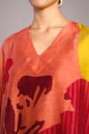 Shop_Clos_Orange Linen, Silk V-neck Designer And Red Kurta Pant Set _Online_at_Aza_Fashions