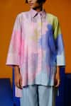 Shop_Clos_Pink Linen, Silk Collared Designer Shirt Tunic And Pant Set _Online_at_Aza_Fashions