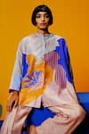 Shop_Clos_Cobalt Linen, Silk Collared Blue And Apricot Printed Tunic Pant Set _Online_at_Aza_Fashions