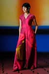 Buy_Clos_Maroon Linen, Silk V-neck Designer Deep Red Jumpsuit _at_Aza_Fashions